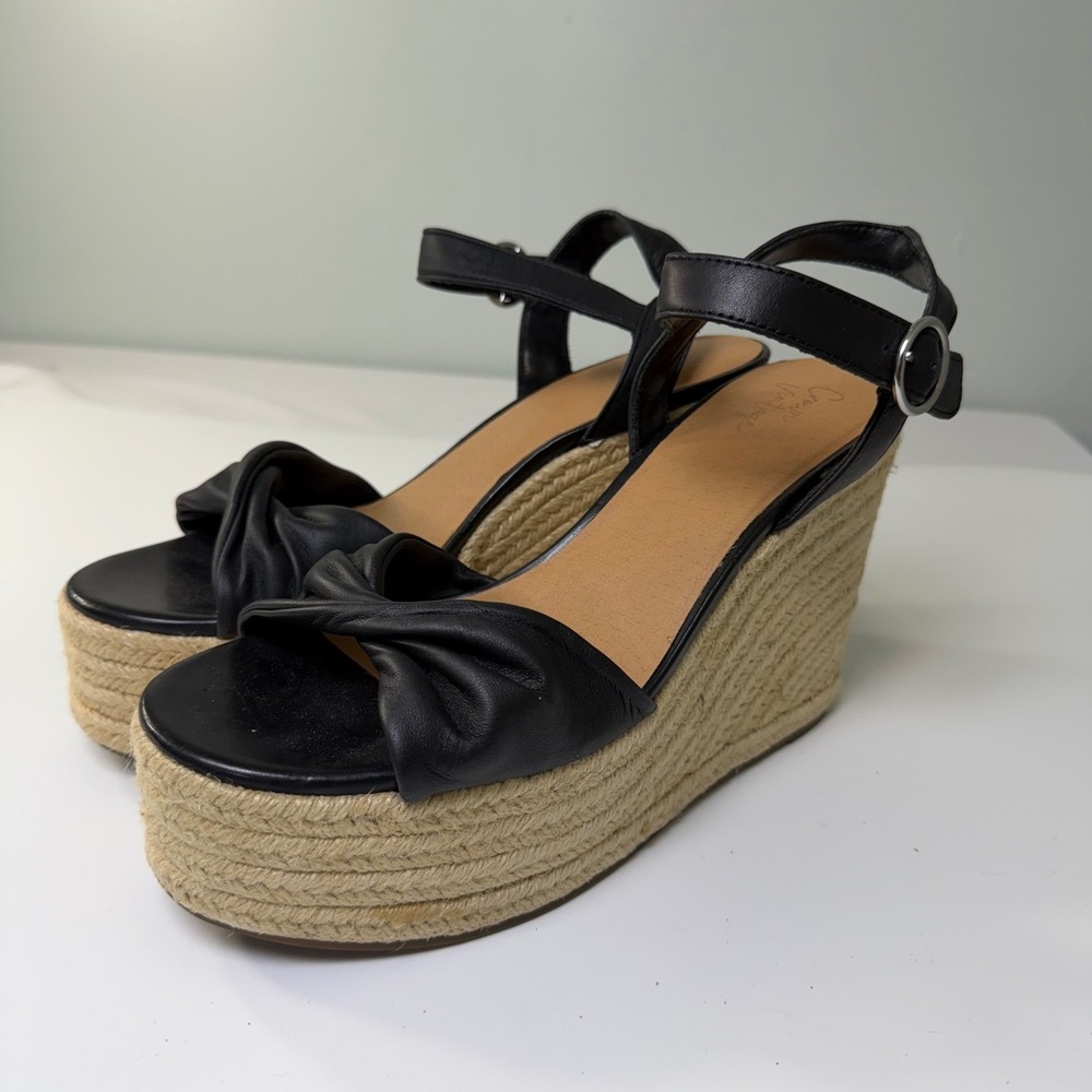 Crown Vintage Black Leather Espadrille Wedge Ankle Strap Platform Sandals 9.5M